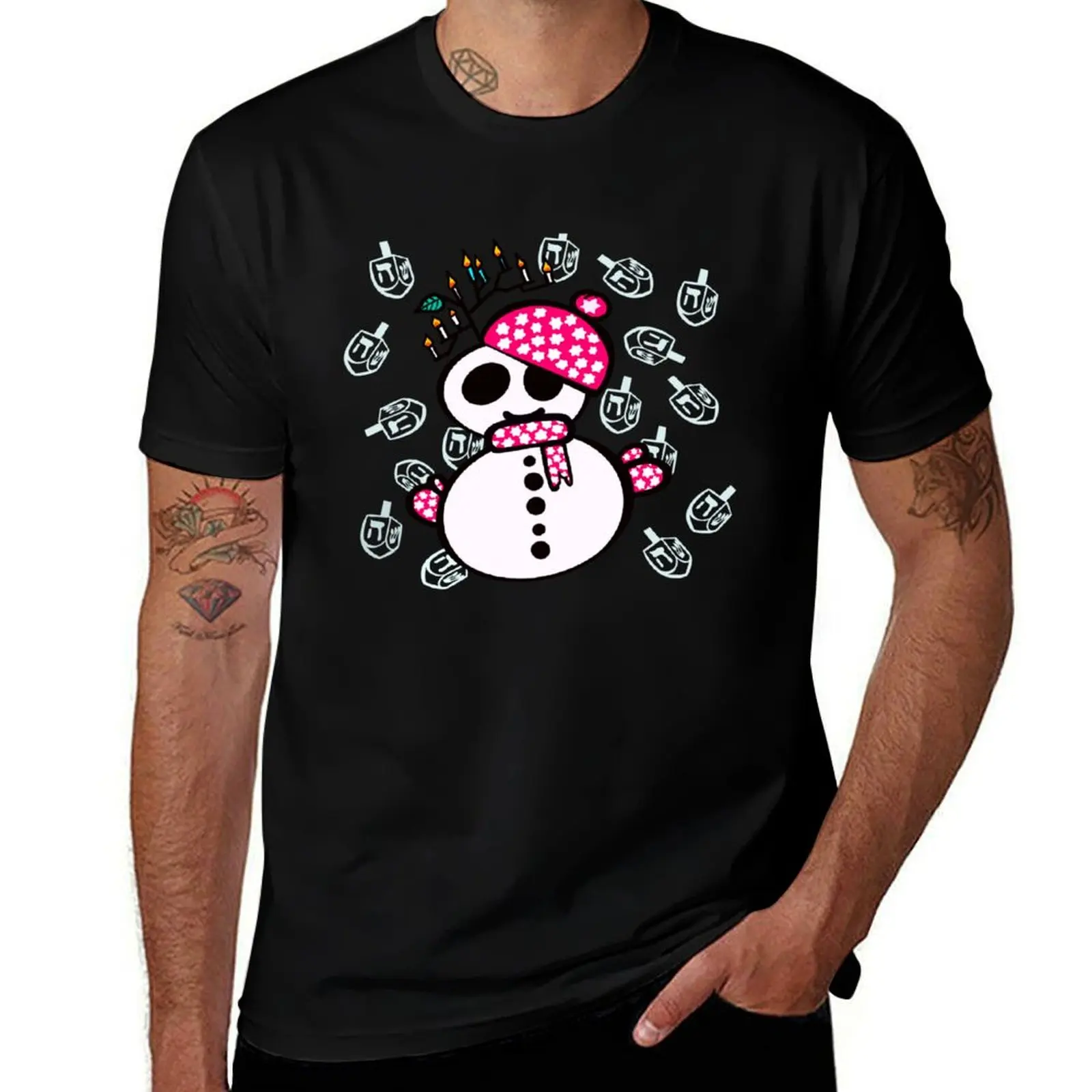 

Hanukkah snowman with hanukkiah and dreidels T-Shirt man t shirt designer anime t shirts for man