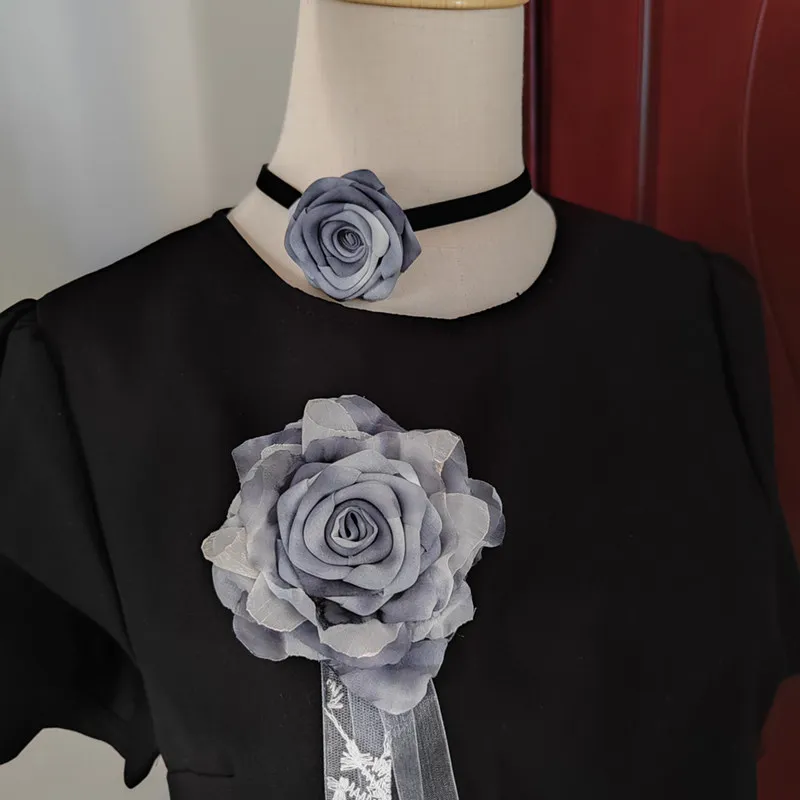 Handmade Gray Layered Rose Tie Brooch Floral Corsage Lolita Style Accessory for Costume Styling, Themed Events and Everyday Wear