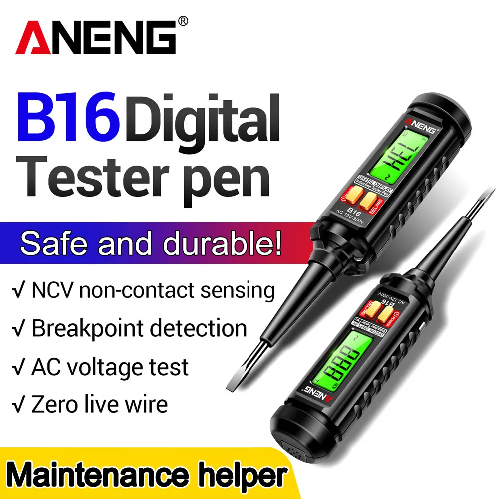 ANENG B16 Non‑Contact AC Voltage Tester 12V‑300V Live Neutral Wire Break Finder LCD Backlight Flashlight Electrician Test Pen