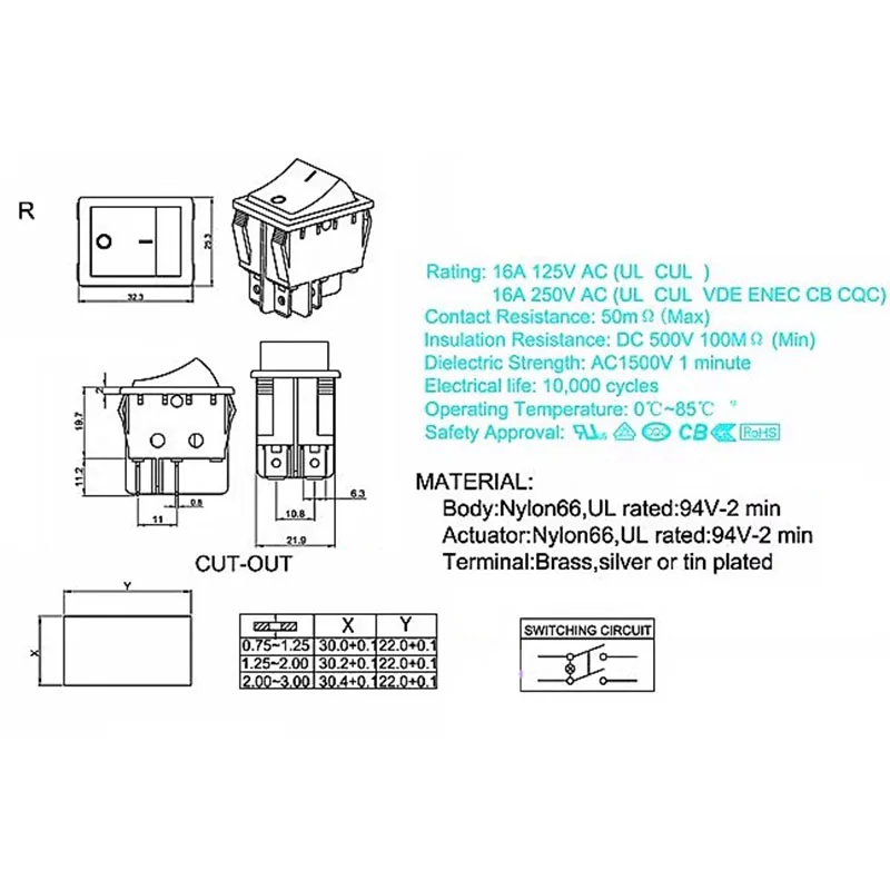 Sakelar Tipe Perahu R SERIES R210-C5N-BB Hitam Asli, 4-Pin, 2 Posisi, 32*25Mm, 16A250V T85