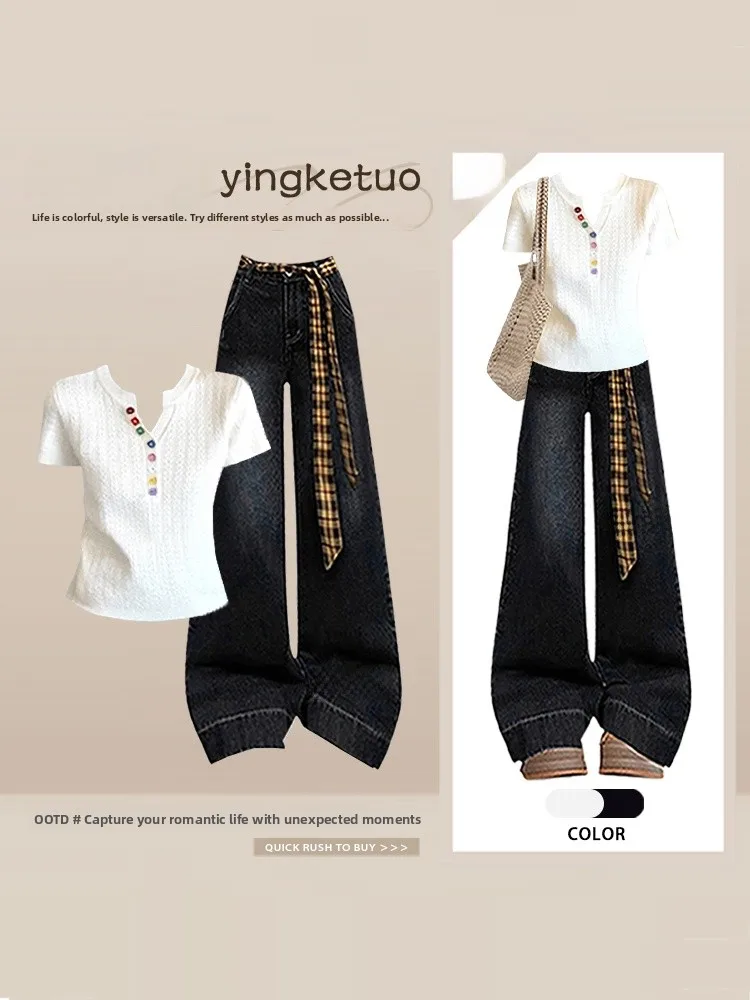 Summer Slim Fit V-Neck Short Sleeve T-Shirt Women's Wide Leg Jeans Two-Piece Set Fashionable Personality Two-Piece Outfit - view 4