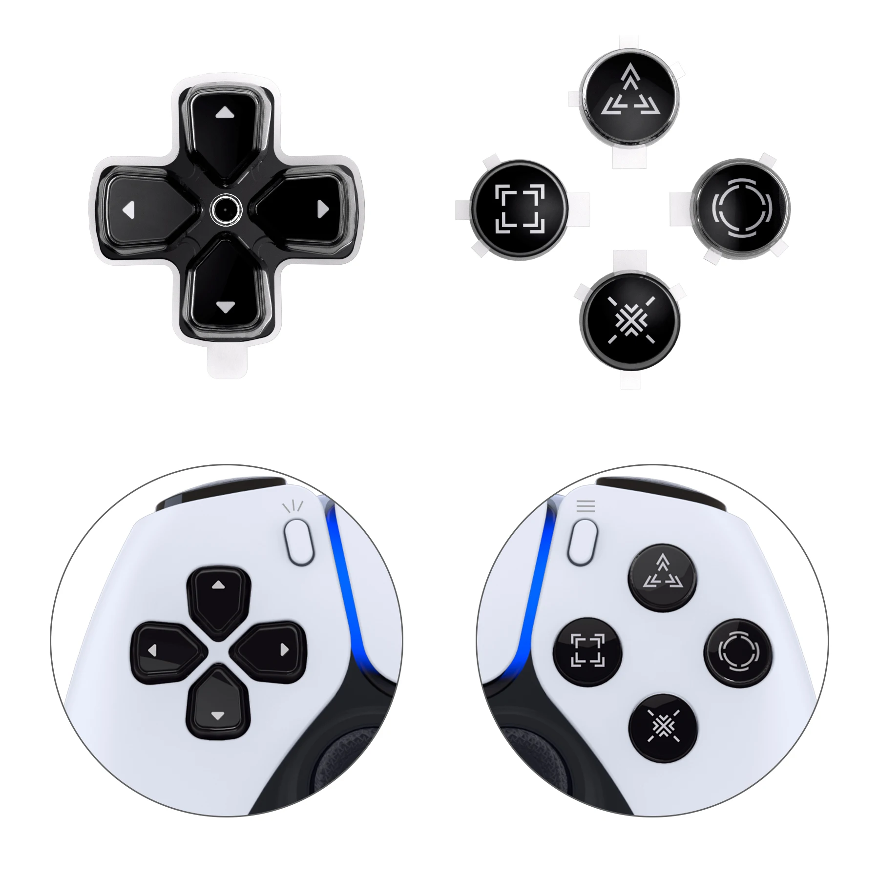 Boutons d'action Dpad personnalisés, trois tons, noir et clair, avec symboles, boutons faciaux d-pad, compatibles avec le contrôleur ps5