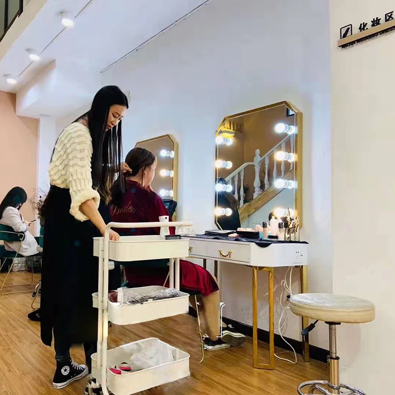 Custom.Custom .Custom.Clothing Store Bedroom Custom Storage Single Side Vanity with Led Light Makeup Table Mirror and Drawer Hol