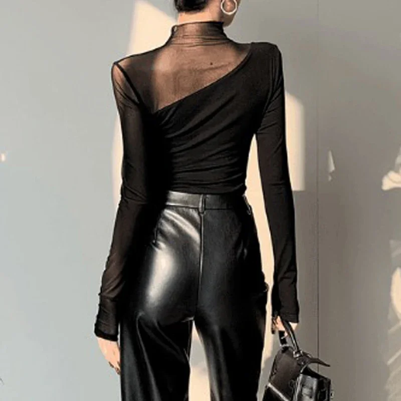 Women Trendy Sexy See Through Mesh Patchwork T-shirt All-match Office Lady Black Elegant Long Sleeve Slim Tops Y2k Shirt Vintage