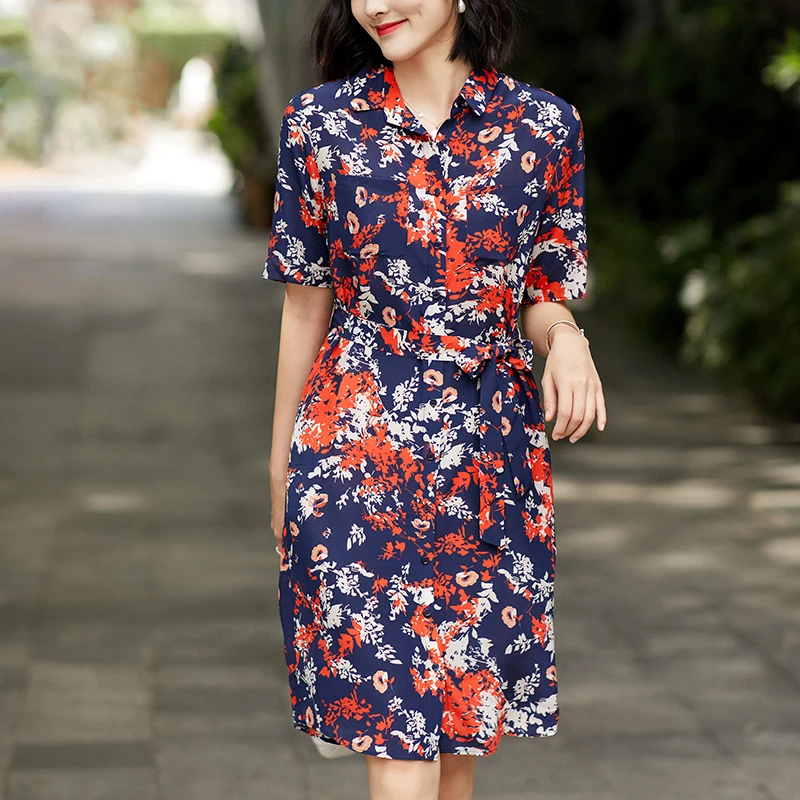 

Elegant Fashion Dresses For Women Summer Turn-down Collar Short Sleeve Single Breasted 100% Real Silk Women's Print Shirt Dress