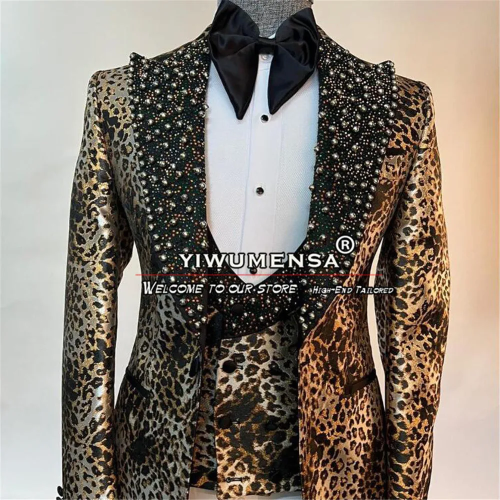 

Man Gold-Black Leopard Print Suits Notch Lapel Jacket Vest Pants 3 Pieces Prom Groom Tuxedos Bespoke Wedding Blazer Sets Elegant