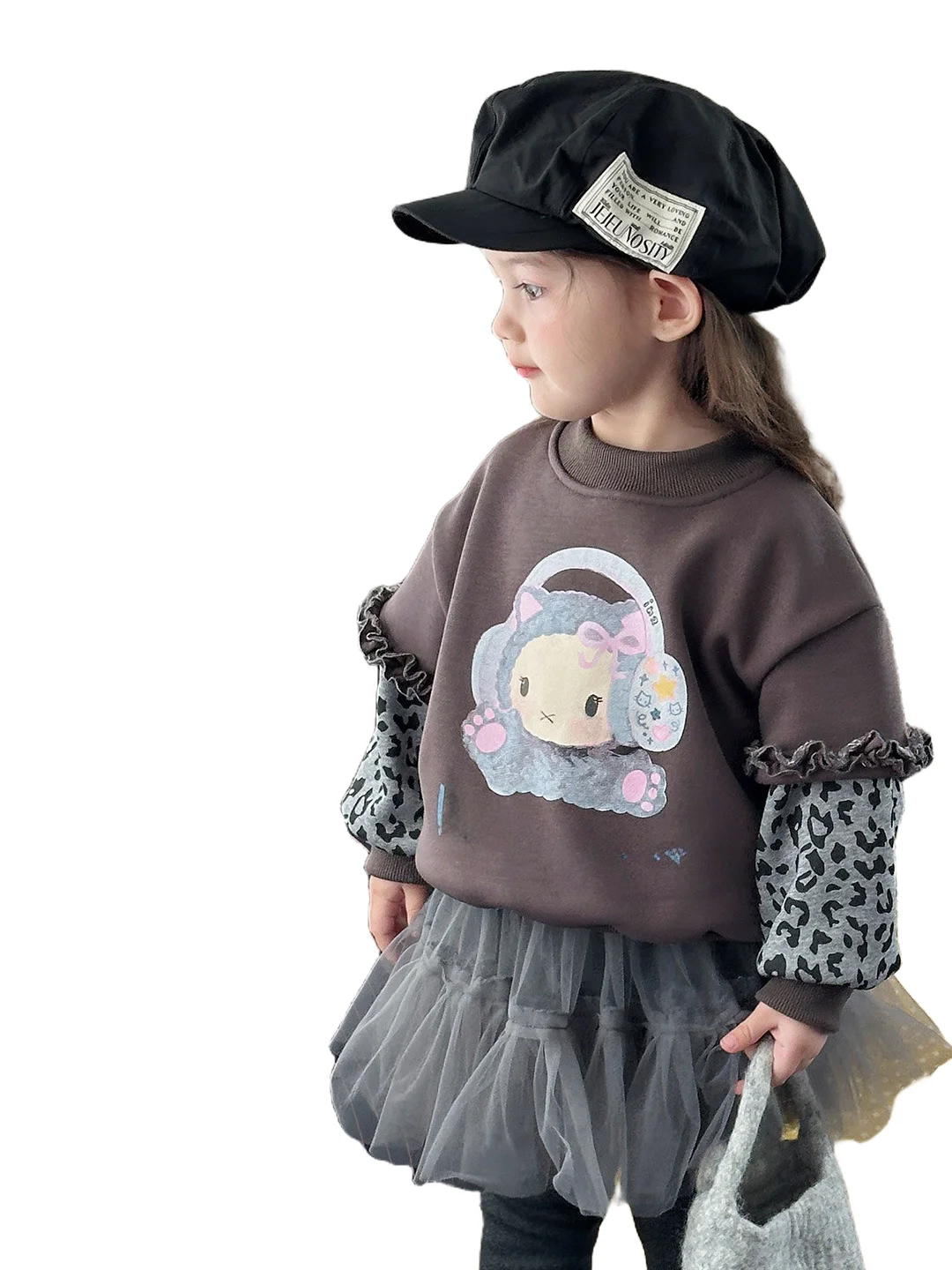 Girls Winter Thiened Warm Cartoon Sweatirt Fake Two-Piece Casual Faionable Children's Clothing Princ Sle Long Sve