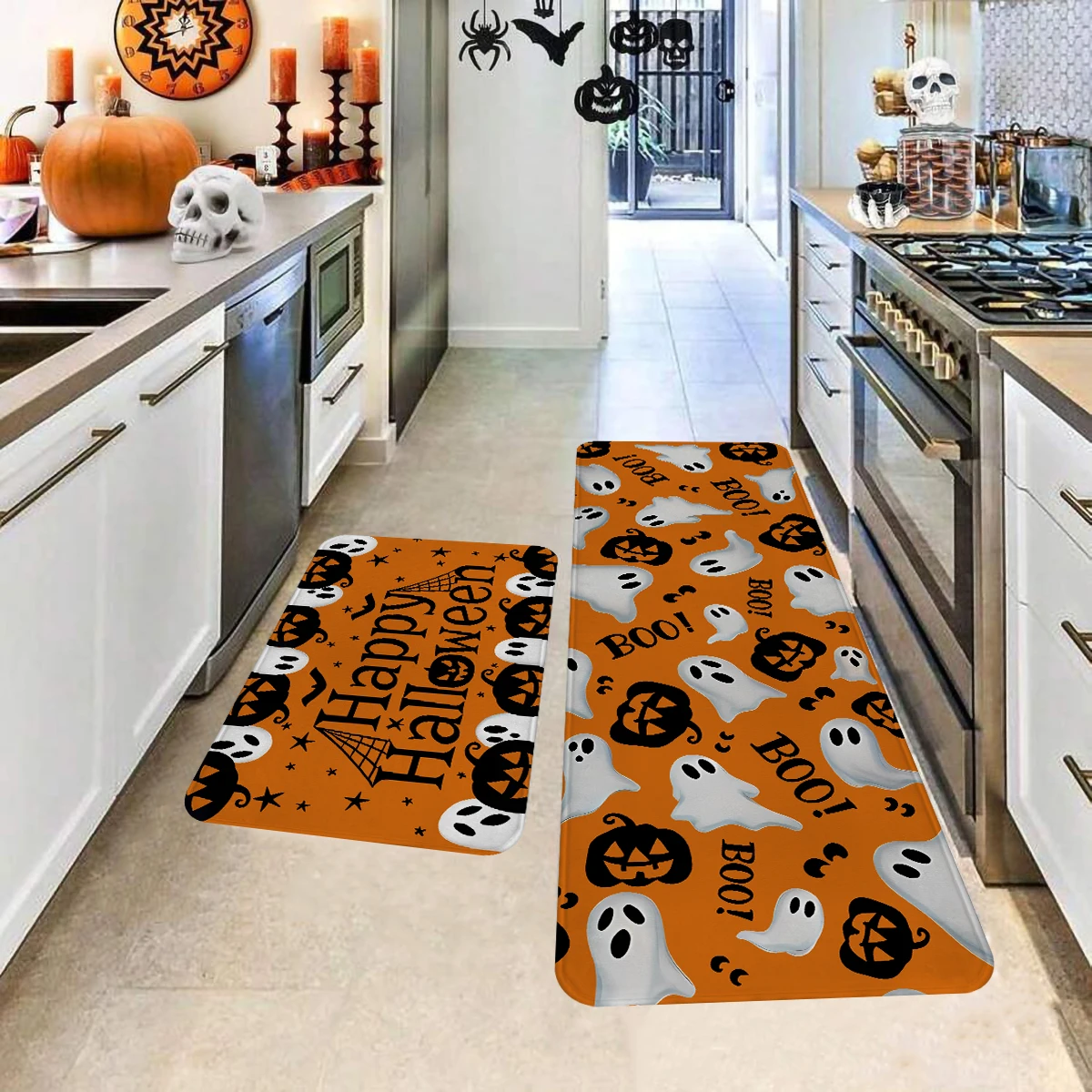 1pc halloween cozinha decoração tapete tapete feliz dia das bruxas fantasma abóbora boo design antiderrapante flanela tapete pé