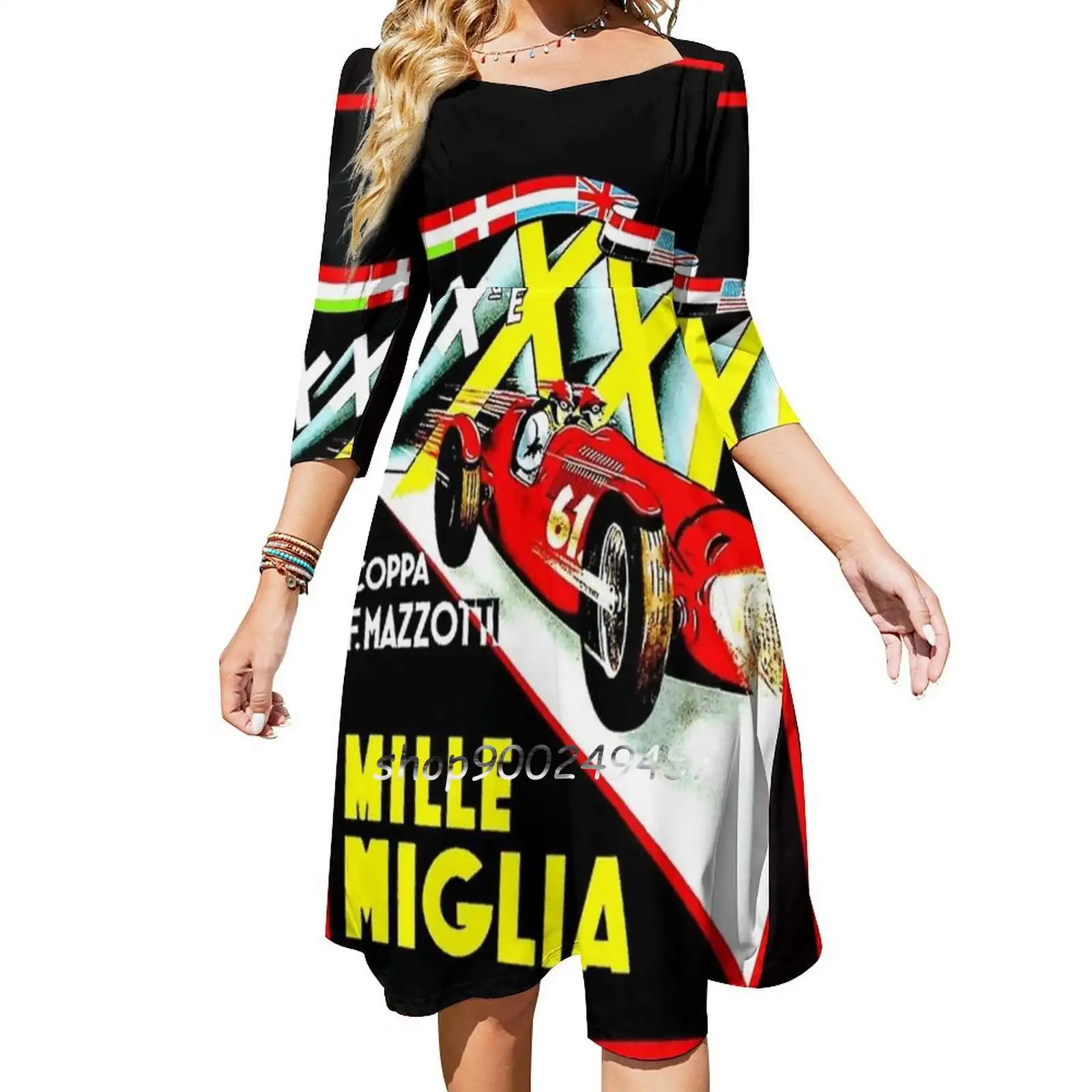 

Mille Miglia ; Vintage Auto Racing Advertising Print Square Neck Dress Cute Loose Print Dresses Elegant Beach Party Dress Mille