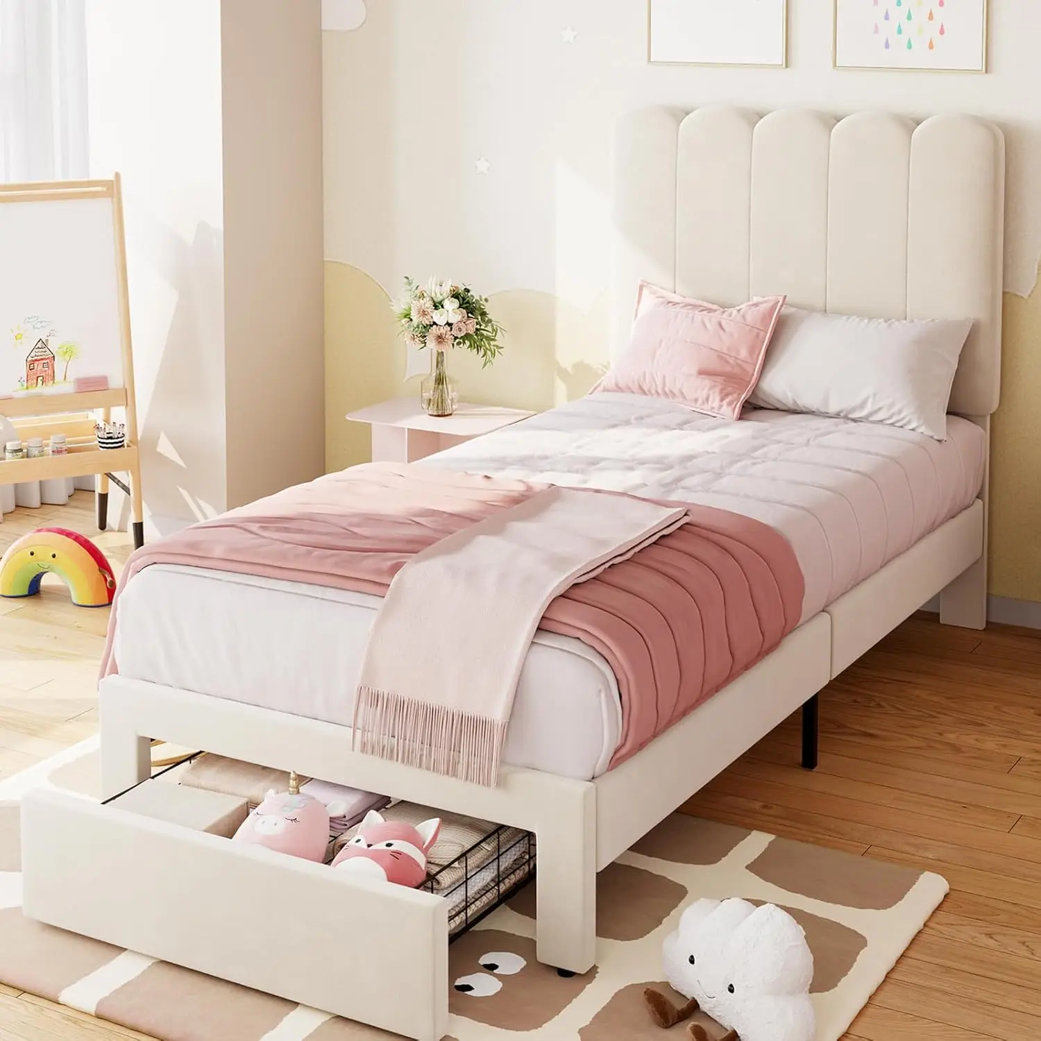 Twin Bed Frame with Storage Drawer and Headboard, Velvet Upholstered Twin Platform Bed Frame for Girls, Strong Wooden Slats Supp