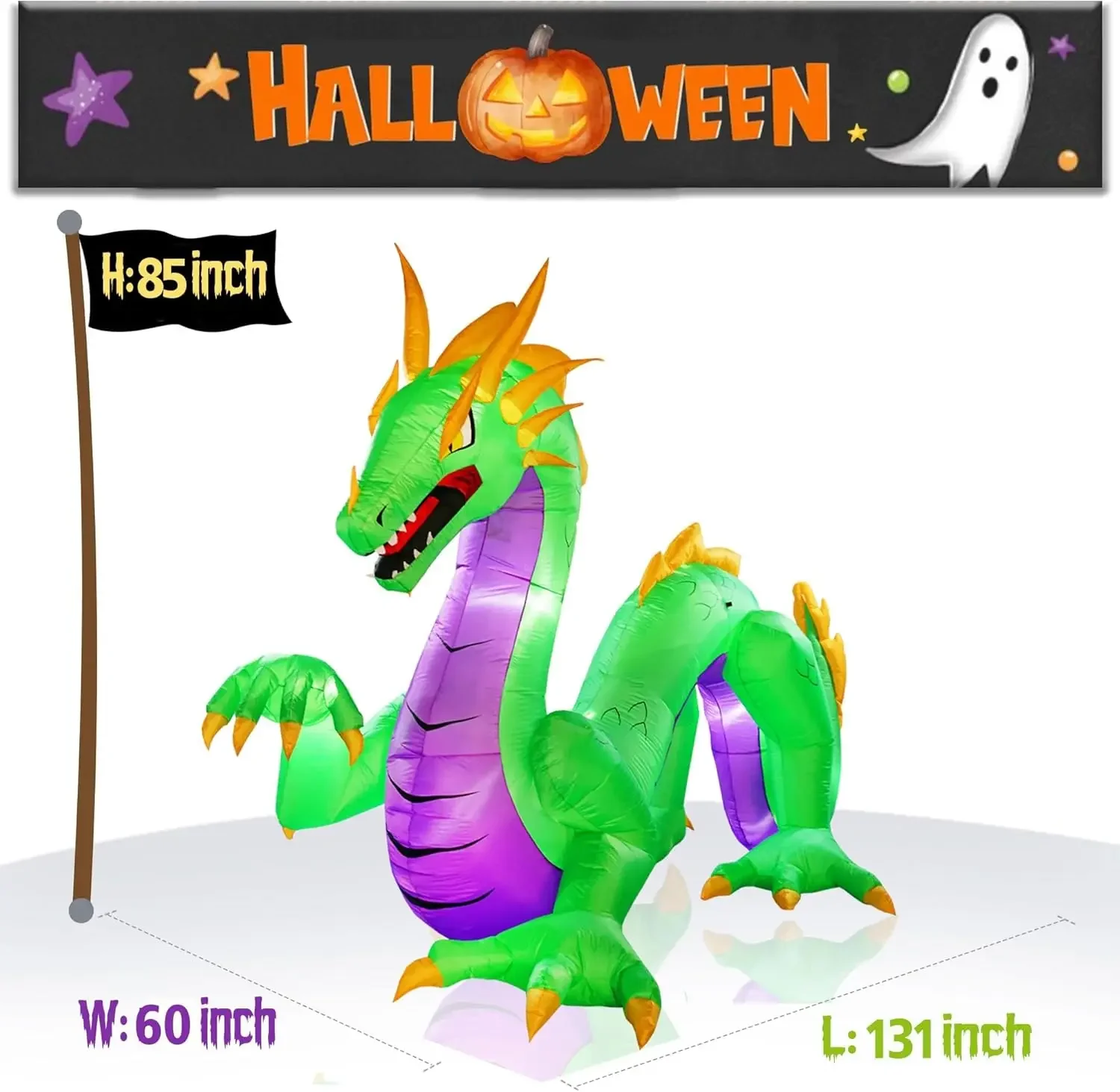 11FT Length Giant Green Halloween Inflatable Dragon, Blow Up Dragon Outdoor Halloween Inflatables Decorations Built-in 5 Bright