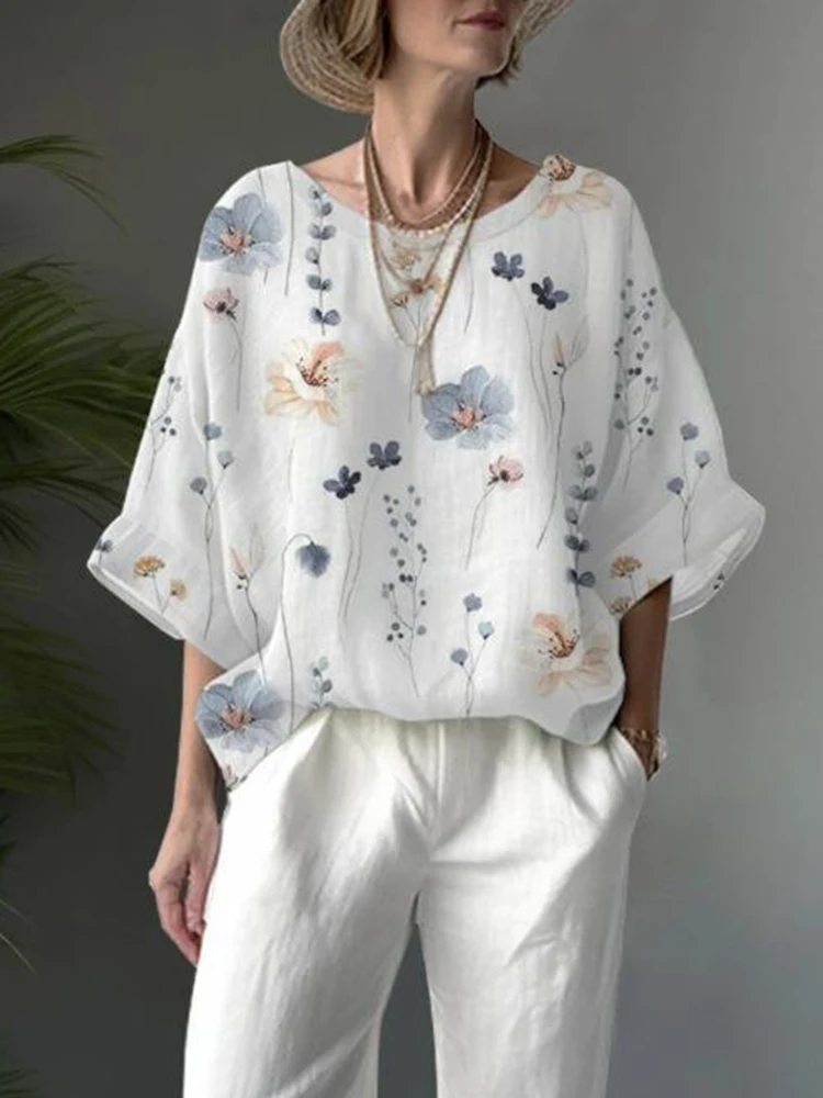 

Casual Loose Print Pullover Shirt Blouse Women Fashion O-neck Flare Sleeve Shirts For Women 2023 Autumn White Vintage Top Femme