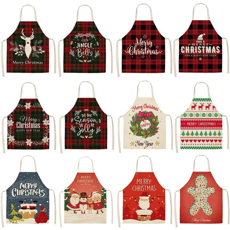 Linen Merry Christmas Apron Ornament Home Kitchen Accessories Natal Navidad 2023 New Year Gift