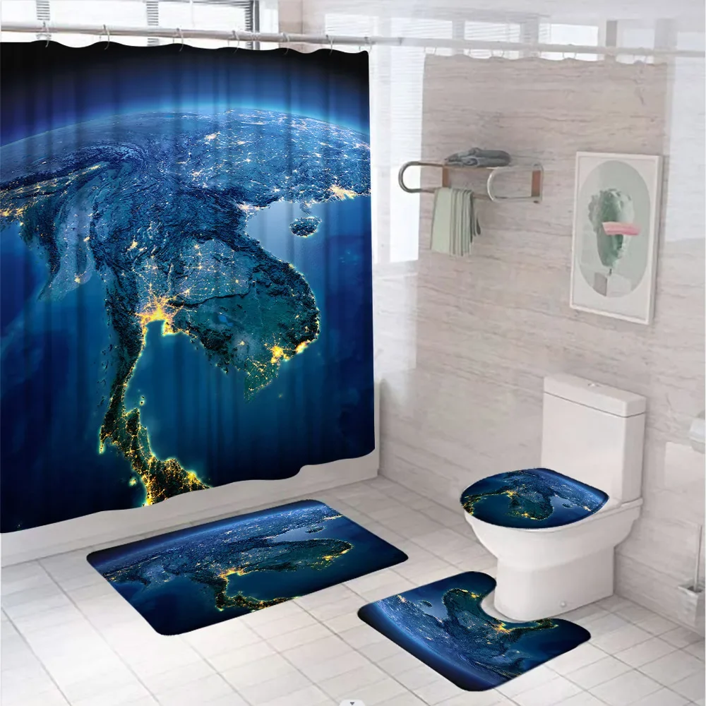 Mystery Planet Shower Curtain Sets Outer Space Blue Galaxy Fantasy Starry Sky Earth Bathroom Curtains Bath Mat Rug Toilet Cover