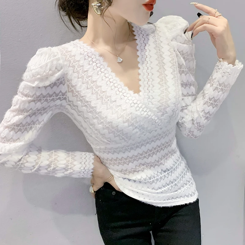 MadBlack European Clothes Tshirt Women V Neck Mink Velvet Lace Slim Mesh Top Long Puff Sleeve Elastic Tee Autumn Spring T39444JM