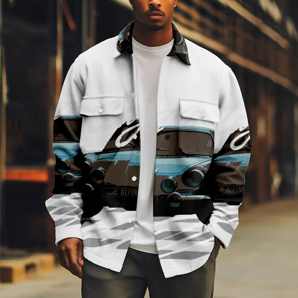 Men's Jacket Cool Car Print White Long Sleeve Turn-down Collar Coat Casual Streetwear