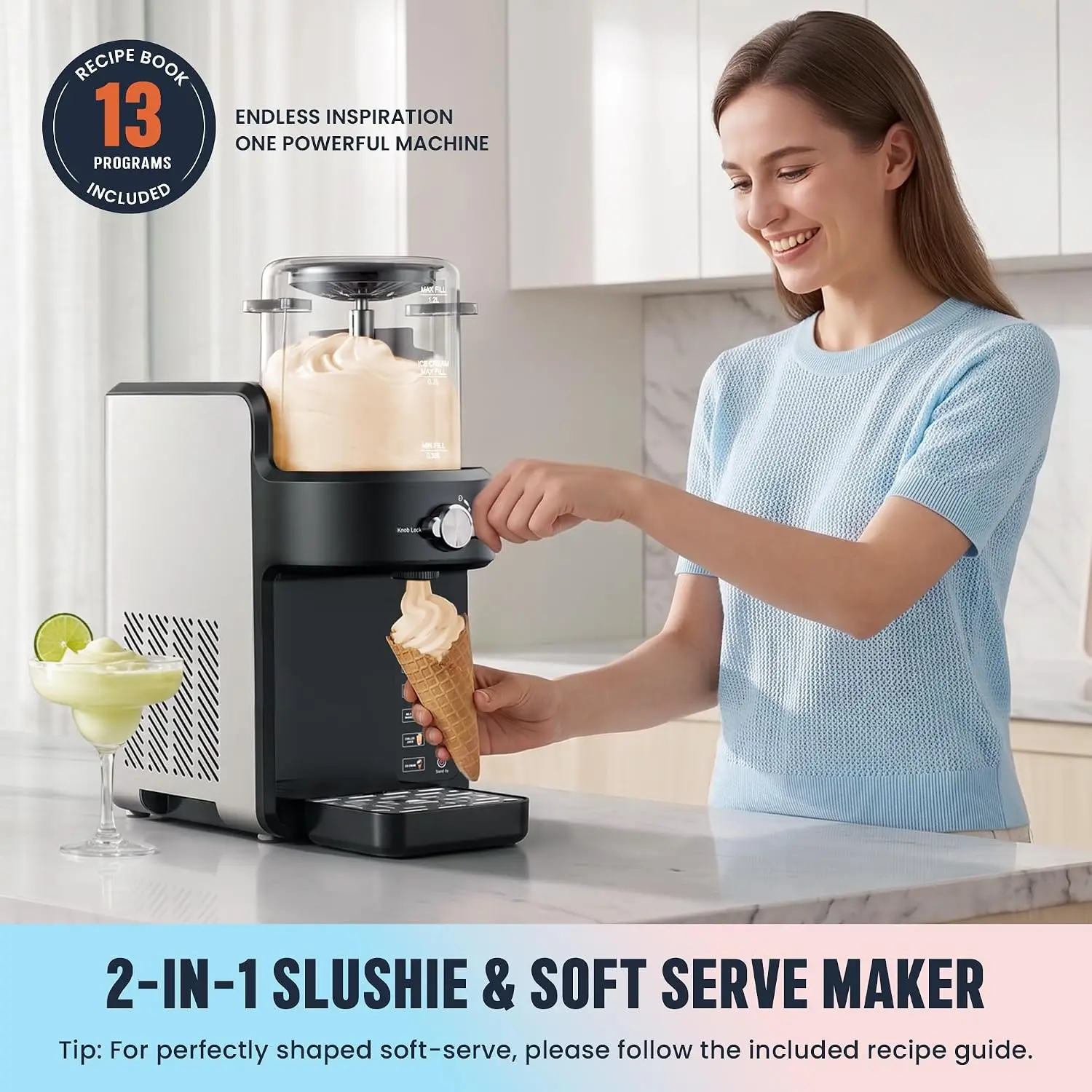 2-in-1 Slushie Machine & Soft Serve Ice Cream Maker with 6 Presets | 15-Min Fast Slush Rapid Chill, No Ice Needed, 12H Timer