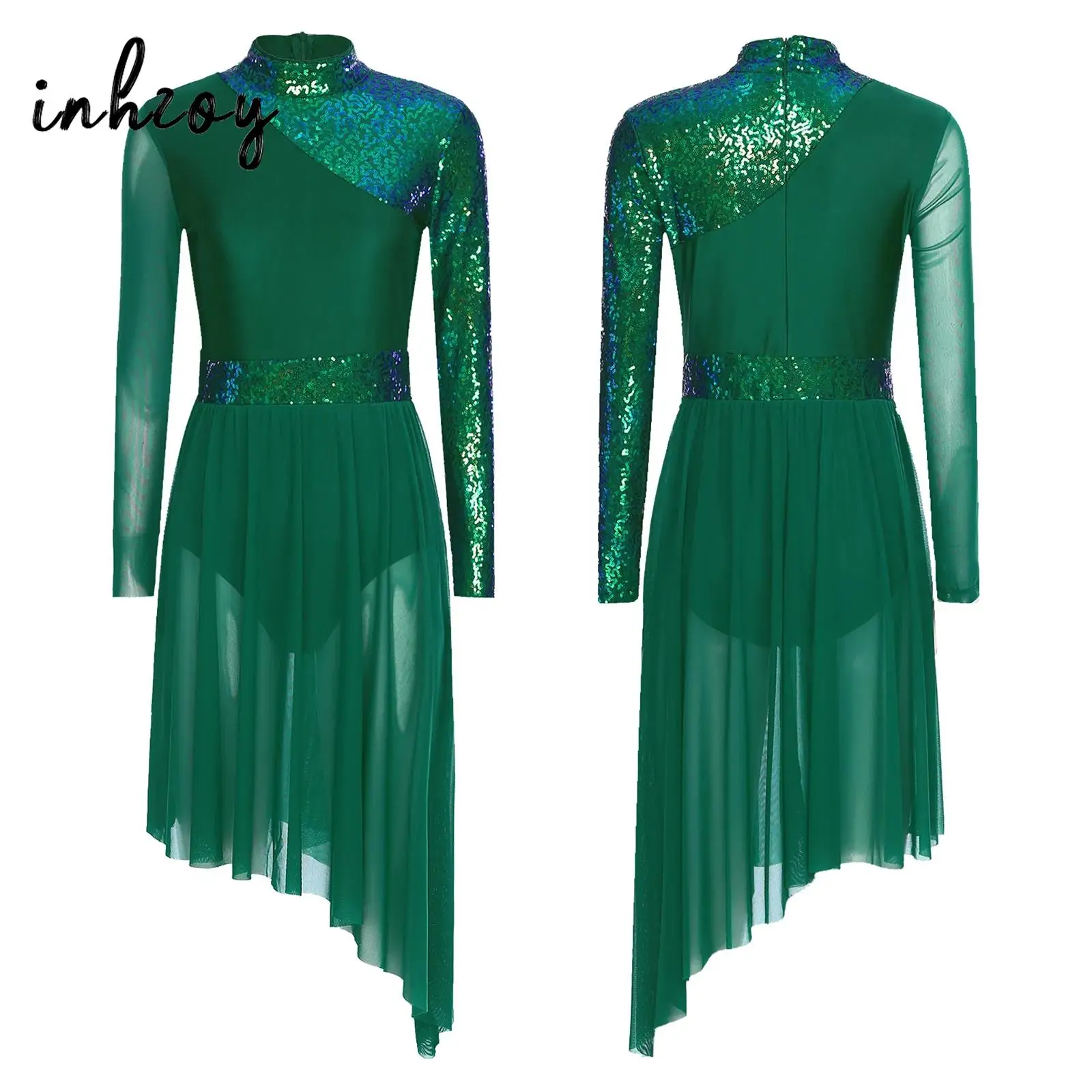 

Женские платья-трико для современного лирического танца с блестками и неровным подолом для сценического костюма