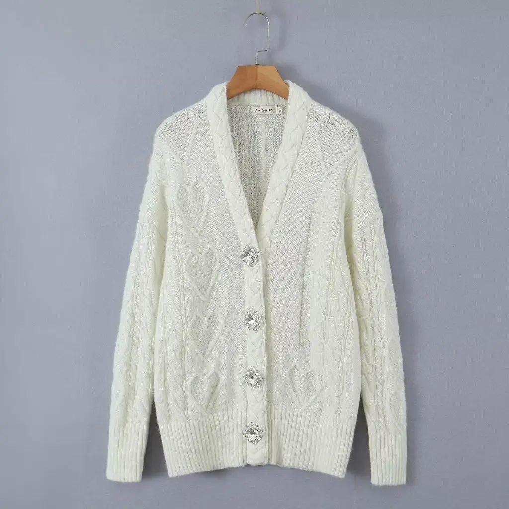 

Pure Pink Knitted Cardigan Women's V-neck Rhinestone Buckle Sweater Jacket Loose Fit Mid-length New Autumn Fashion