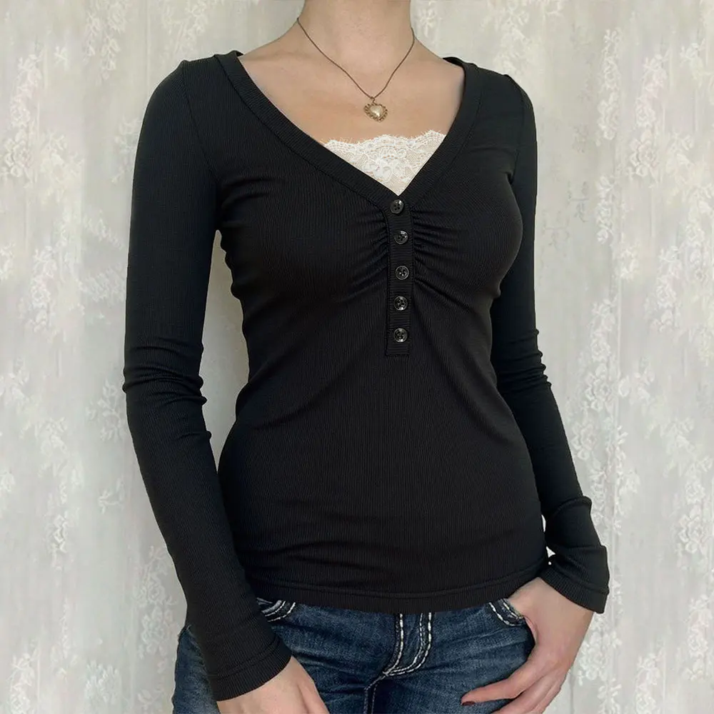 

Кружевная осенняя женская футболка во французском стиле, плиссированная пуговица, узкие женские футболки с завязкой на талии, женская верхняя одежда в Instagram-стиле