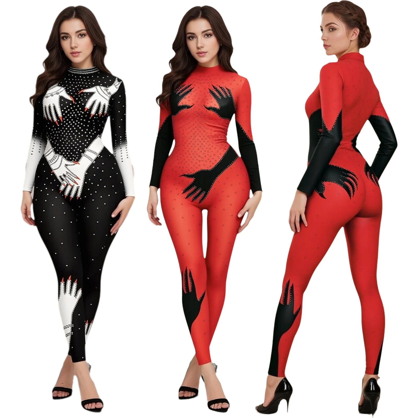 

Женский комбинезон с мокрым эффектом и принтом рук, облегающий комбинезон для ночного клуба с воротником-стойкой и длинными рукавами на молнии для нарядных нарядных вечеринок