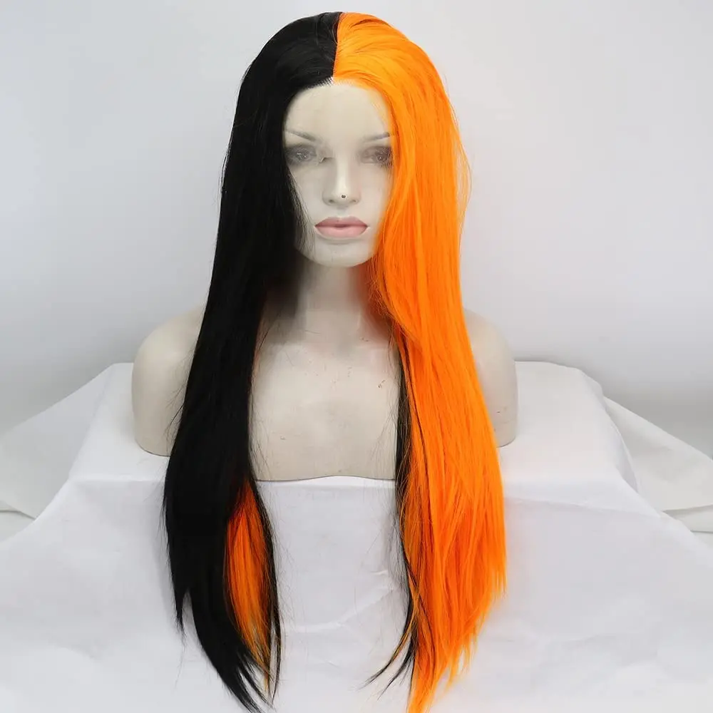 Sylvia Wig Synthetic Half Ginger Orange Half Black Lace Front Wigs  Long Silky Straight Half Wig Soft Hair Heat Resistant Fiber