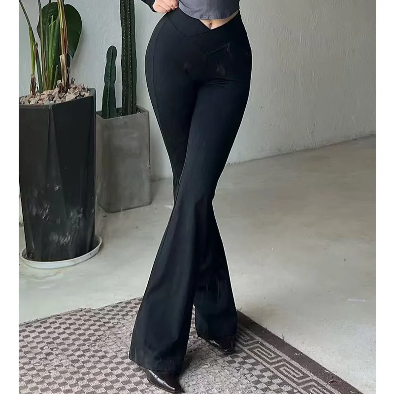 ارتفاع الخصر شكل القرش جرس أسفل السراويل النسائية عارضة مايكرو متوهج السراويل طبقة قاعدة مرنة طماق سوداء طويلة