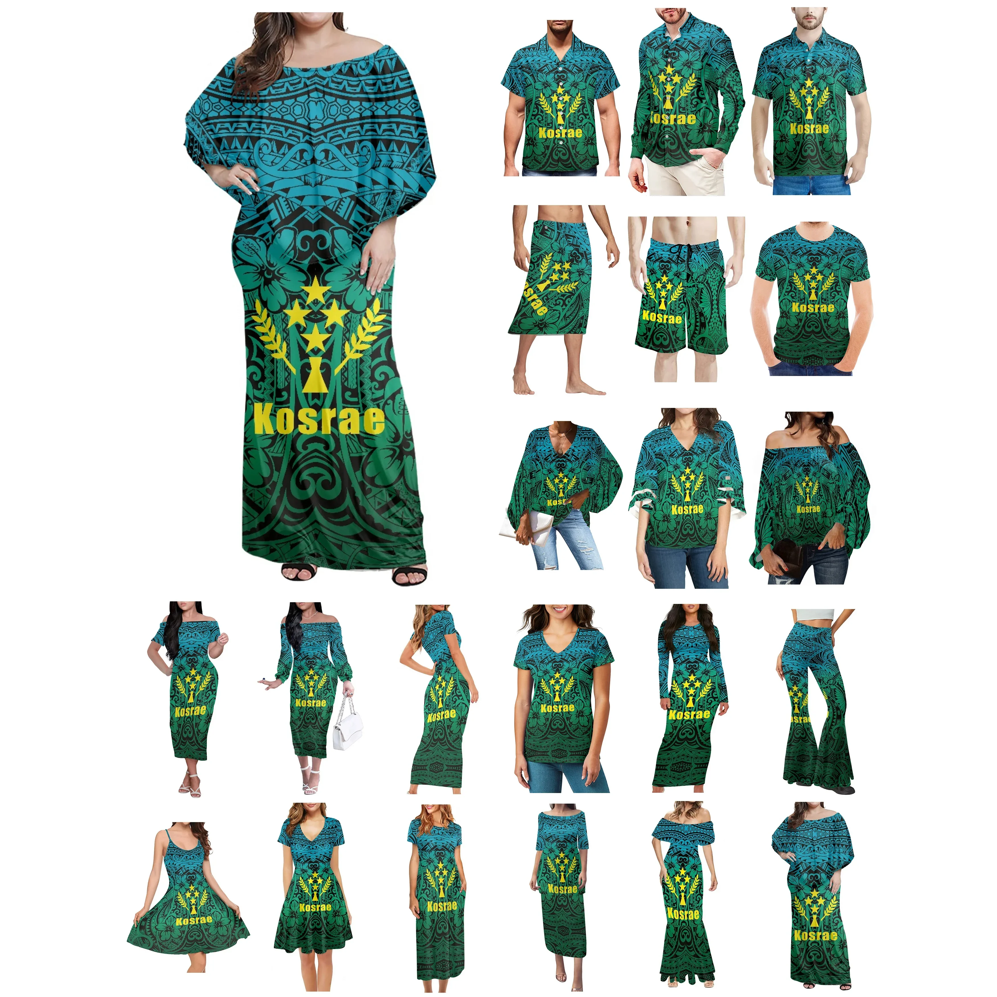 Polynesian The Island Of Kosrae Tattoo Prints Clothes Women Dress Matching Men Shirt Casual Hibiscus Green Lovers Clothes Wear