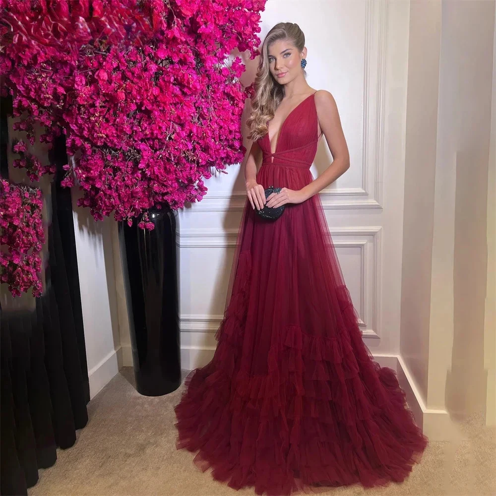 

Customized Yipeisha Simple Burgundy Tulle Tiered Evening Dress Spaghetti Sexy Backless Deep V-neck A-line Floor Length Formal Pa