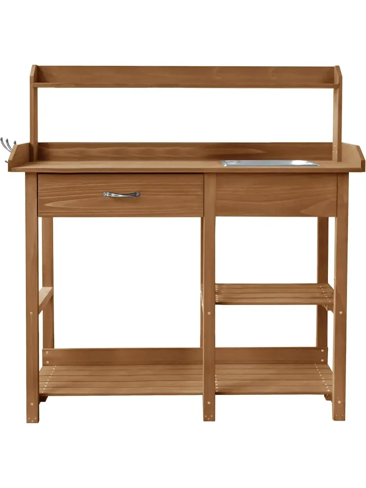 

Outdoor Wood Potting Bench, Garden Horticulture Workstation with Removable Stainless Sink, Shelves, Drawers & Hooks, Natural Woo