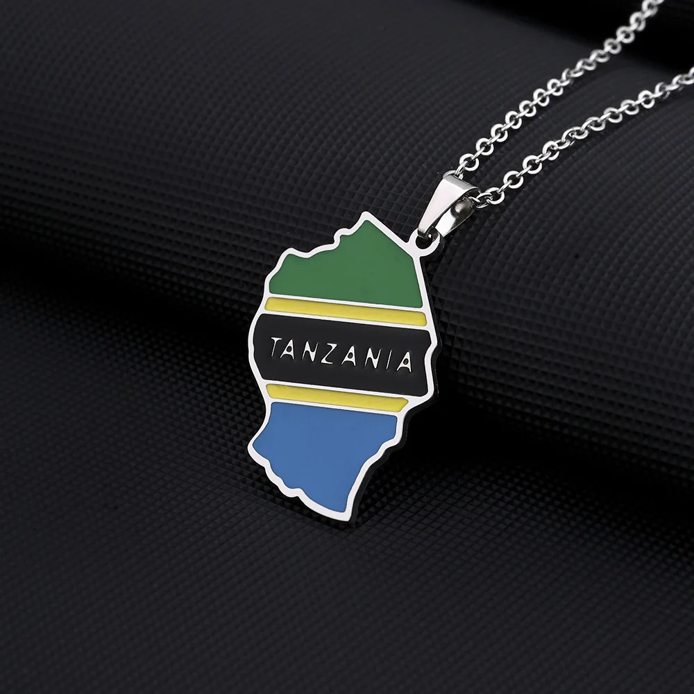 2024 New fashion stainless steel Tanzania map and Flag necklace unisexial geometric titanium steel pendant ethnic style collarbo