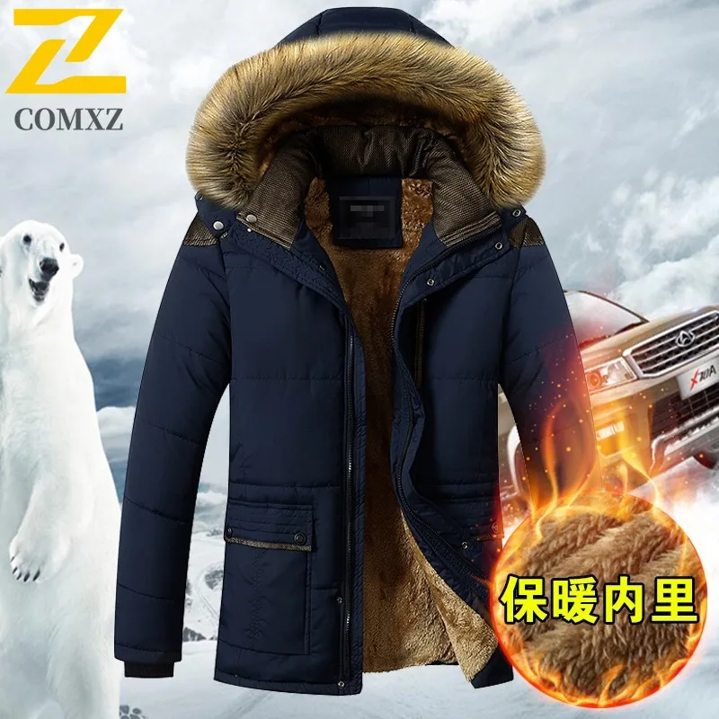 COMXZ الرجال وسادة مبطنة الكلاسيكية الفراء طوق مقنعين العمل سميكة الدافئة سترة التنقل مكتب خفيفة الوزن الشتاء معطف الحشو