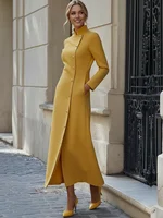 Freeacy Women's Yellow Mandarin Collar Diagonal Long Sleeve Buttoned Maxi Dress for Wedding Guest 2026 Luxury Office Dress - Image 5