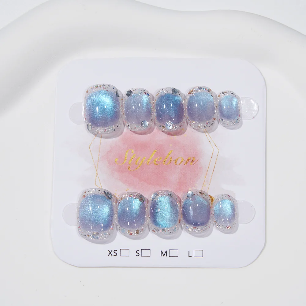 10 Uds. De uñas postizas hechas a mano, ojo de gato con Flash azul, cobertura completa para mujeres y niñas, arte de uñas usable extraíble de frijol corto