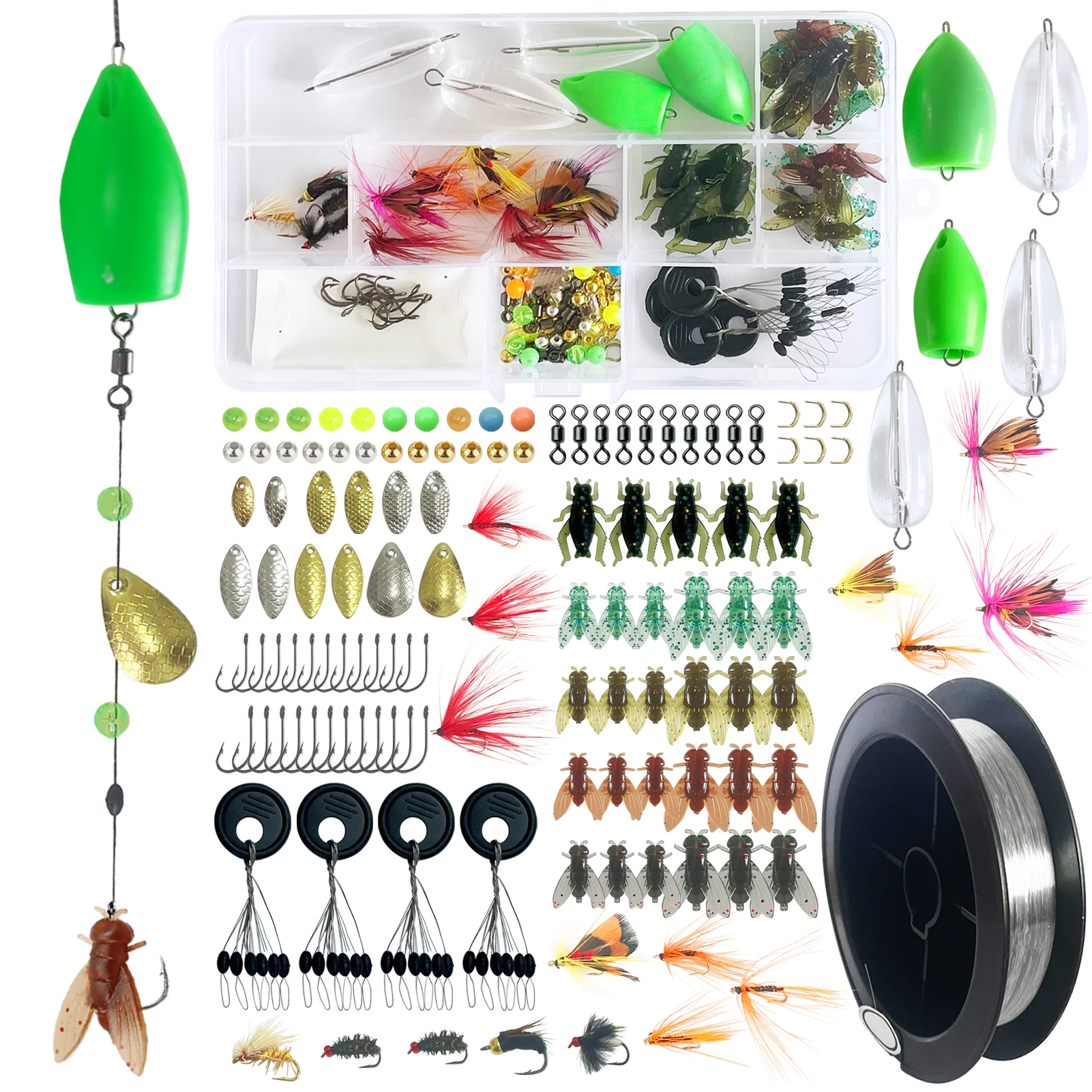 

130 шт. набор для ловли нахлыстом, бионические рыболовные нахлыстовые приманки, вспомогательные средства для метания с мушками, вертлюги, крючки, космические бобы, металлические блестки для пресной воды