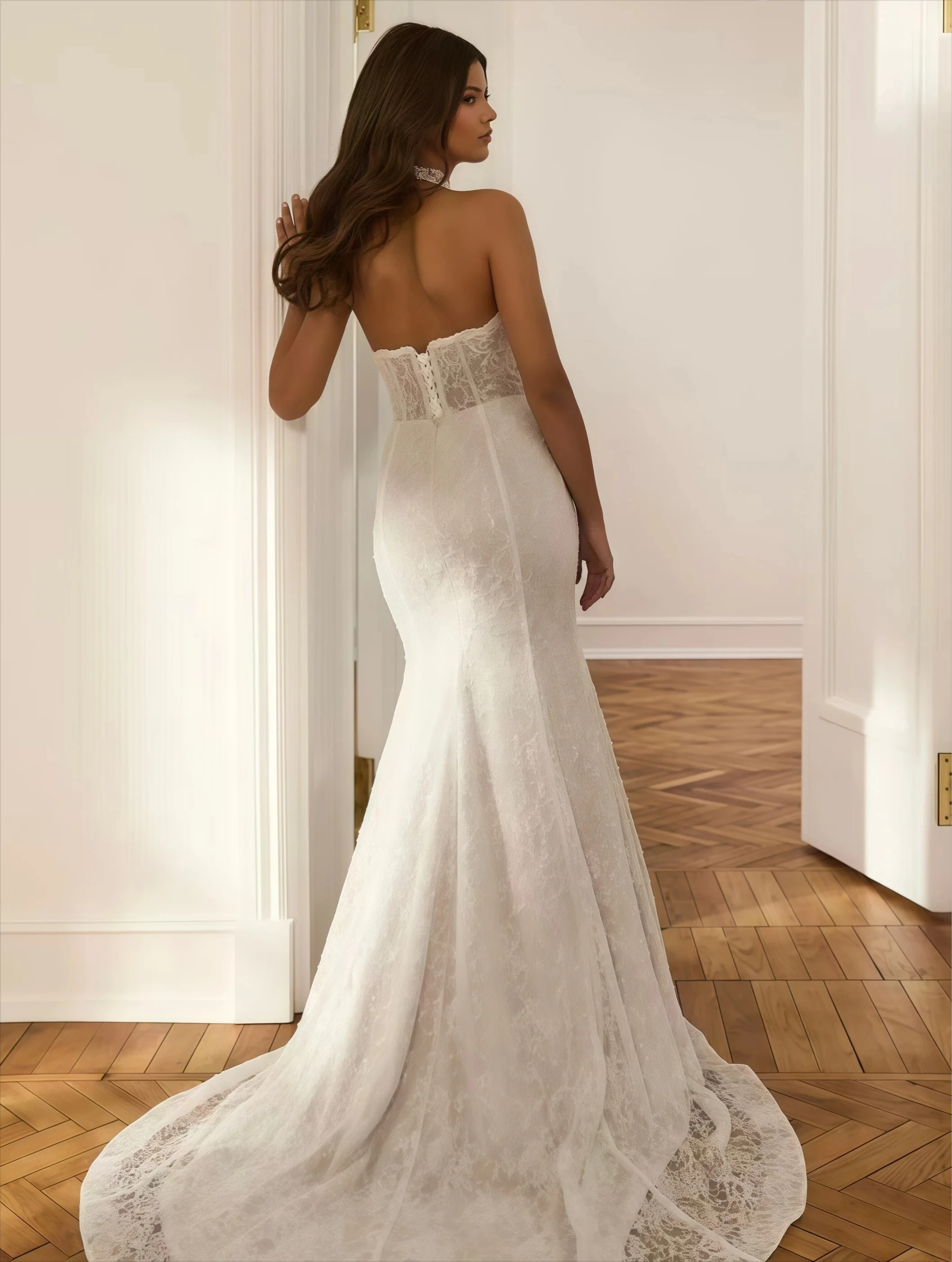 Customized High Halter Neck Mermaid Gown Bare Shoulder Fitted Silhouette Open Cross Back Detachable Overlayer Skirt Dress