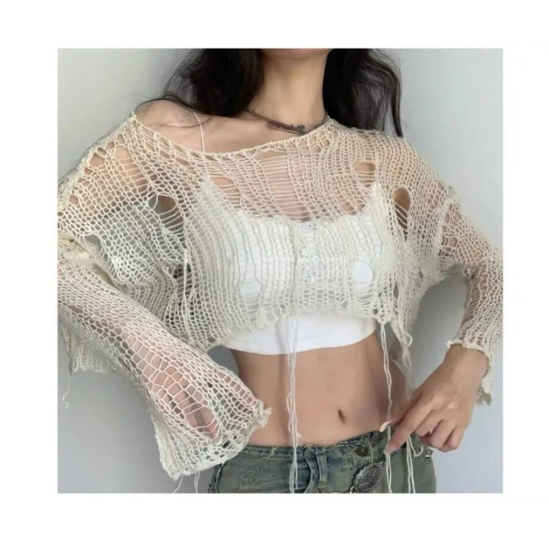 2024 Y2K Women\'s Knit Tshirt Hollow Out Knitwear Cropped Sweater Spring Short Networks Jumper Vintage Gyaru Korean Fashion