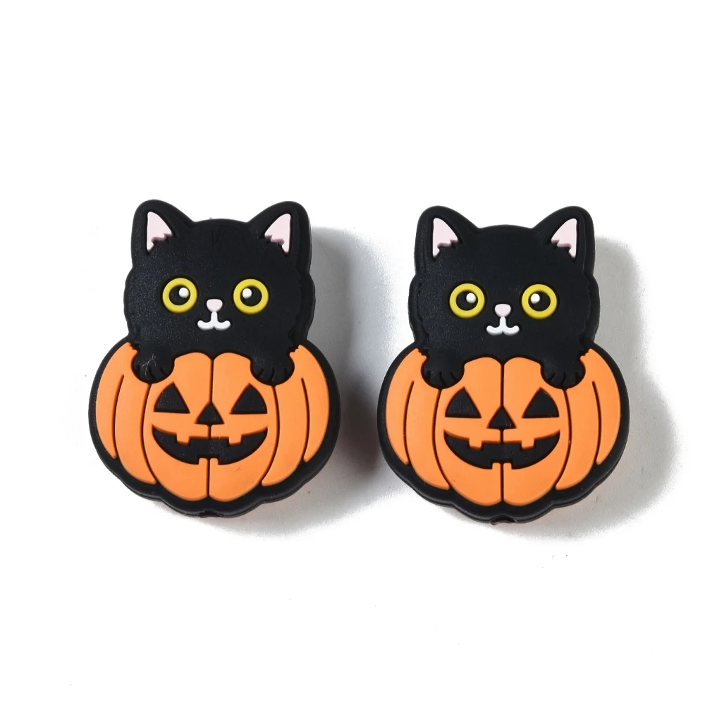 20Pcs Halloween Theme Silicone Focal Beads, Cat Shape, Cat Shape, 30x23.5x9.5mm, Hole: 2mm