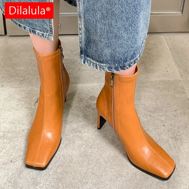Dilalula 2026 Natural Leather Young women's Short Boots Square Toe High Heels Party Dating Boots Female Modern Street Shoes