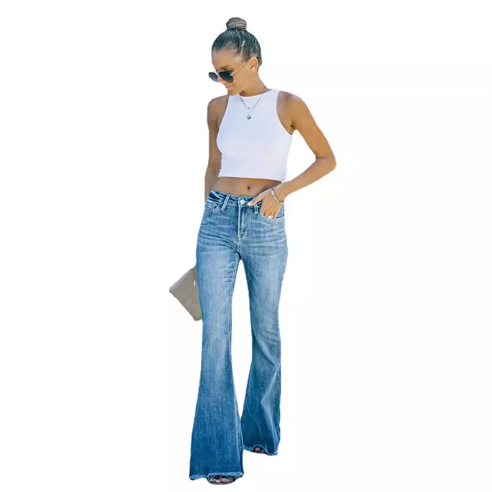 Slim-Fit-Jeans mit hoher Taille und Fransen, Micro-Flared-Jeans, Pendler-Sle, Winterkollektion, lockere Passform, Polyester-Stoff, gefalteter Saum