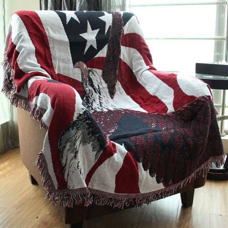 

Knitted Sofa Throw Blanket 130x180cm American Flag Eagle Design Cotton Fabric Warm Quilt Chair Couch Floor Cover Home Decoration