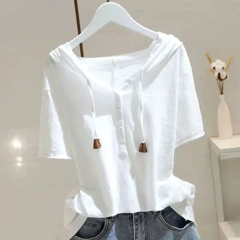 98% Cotton T Shirt Women Fashion Hooded Short-sleeved T-shirt 2024 Spring Summer Korean Style Loose Thin All-match Pullover Tops