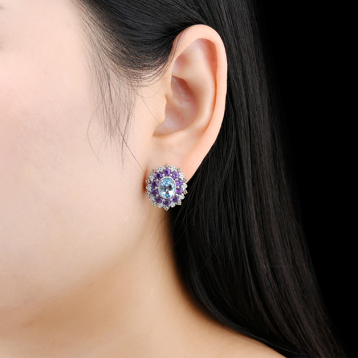 Natural Blue Topaz Amethyst Sterling Silver Stud Earring 5.5 Carats Genuine Gemstone Colorful Fine Jewelry Original Design