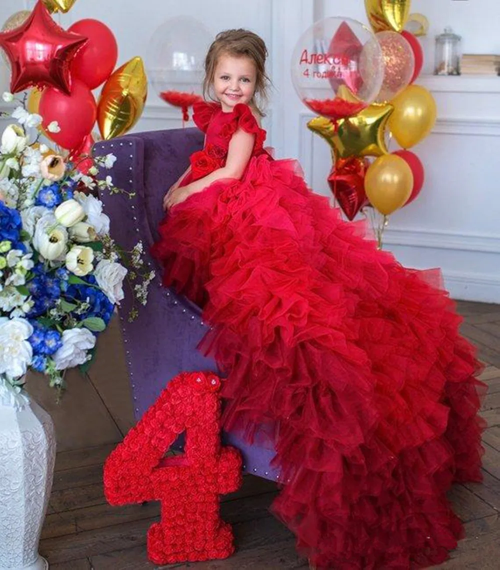 Robe de demoiselle d'honneur pour enfants, rouge gonflé, appliques en couches, col rond, robes de princesse pour mariage, fête d'anniversaire, reconstitution historique, robe de Rh, 2024