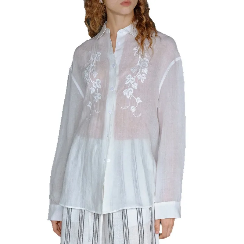 Lyocell Ramie Long-sleeved Shirts Women Turn Down Collar Single-breasted Blouse New Arrival Embroidery Fashion Office Lady Tops