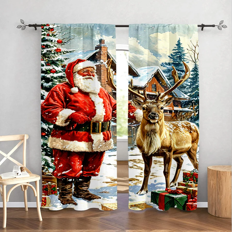 2PCS Christmas Winter Curtains, Santa Reindeer Gift, Digital Print, Bedroom Living Room, Rod Pocket, Polyester, Home Decor