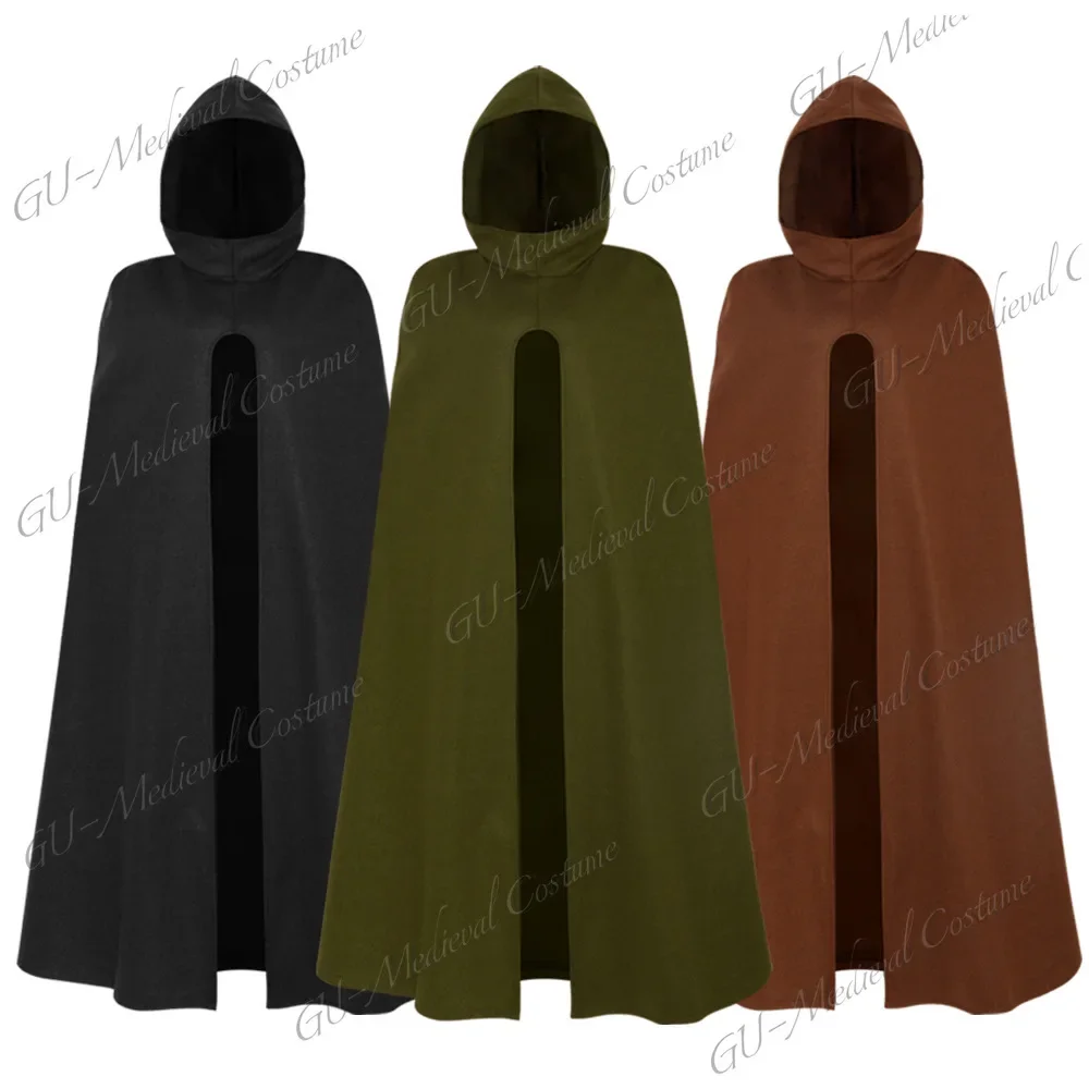 Halloween Medieval Archer Cape Wizard Coat Casual Sleeveless Black Hooded Cloak Wide Open Woolen Outwear Girls Drama Costume