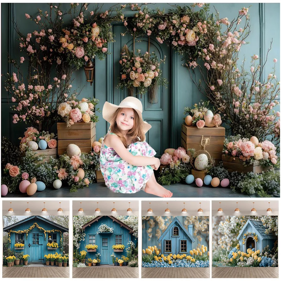 

Easter Party Photography Backdrop Spring Tulip Blue Wooden Cabin Kids Birthday Cake Smash Background Photo Studio Props