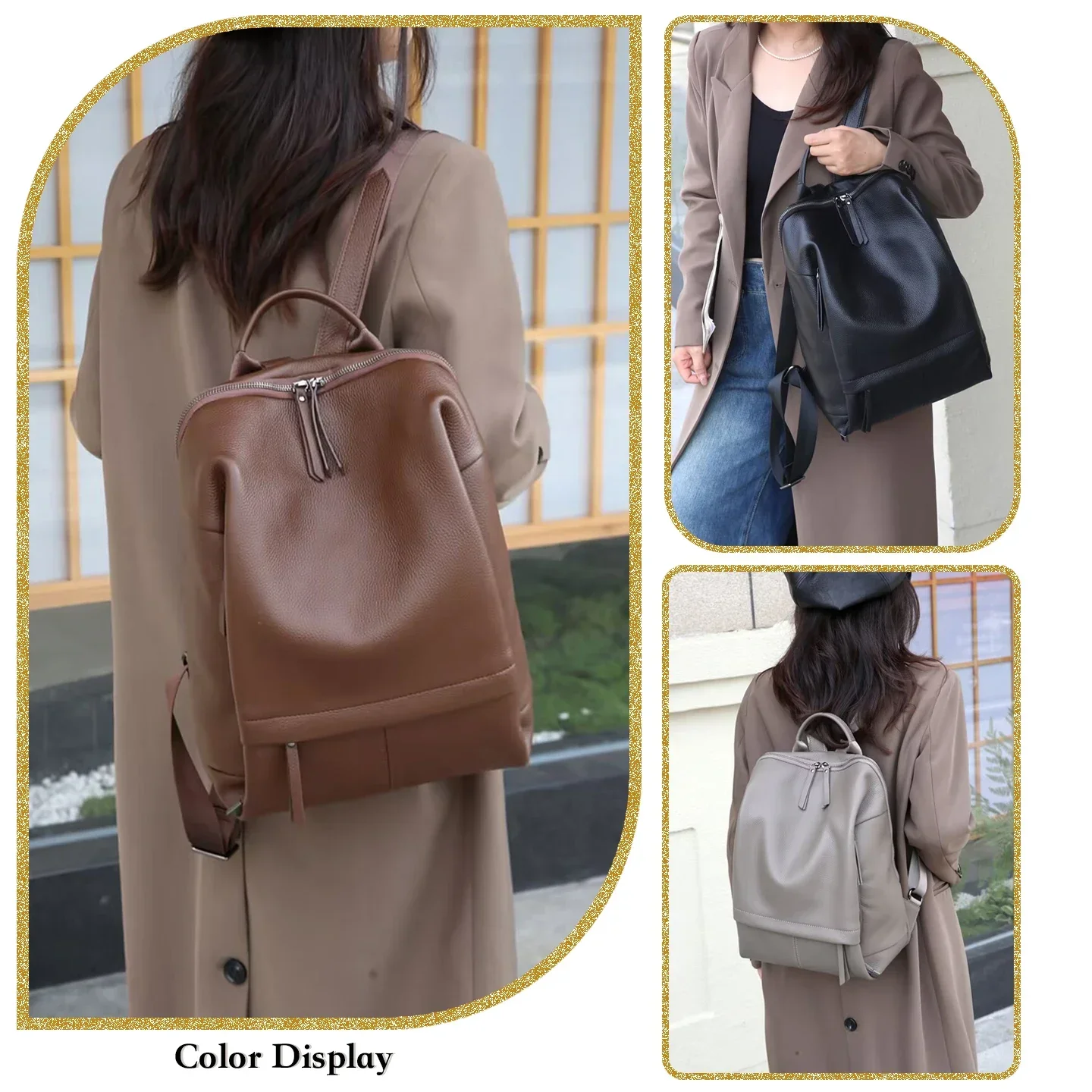 Genuine Leather Backpack Top Grain Cowhide Litchi Texture Rucksack Laptop Compartment Business Commute Travel School Daily Bag