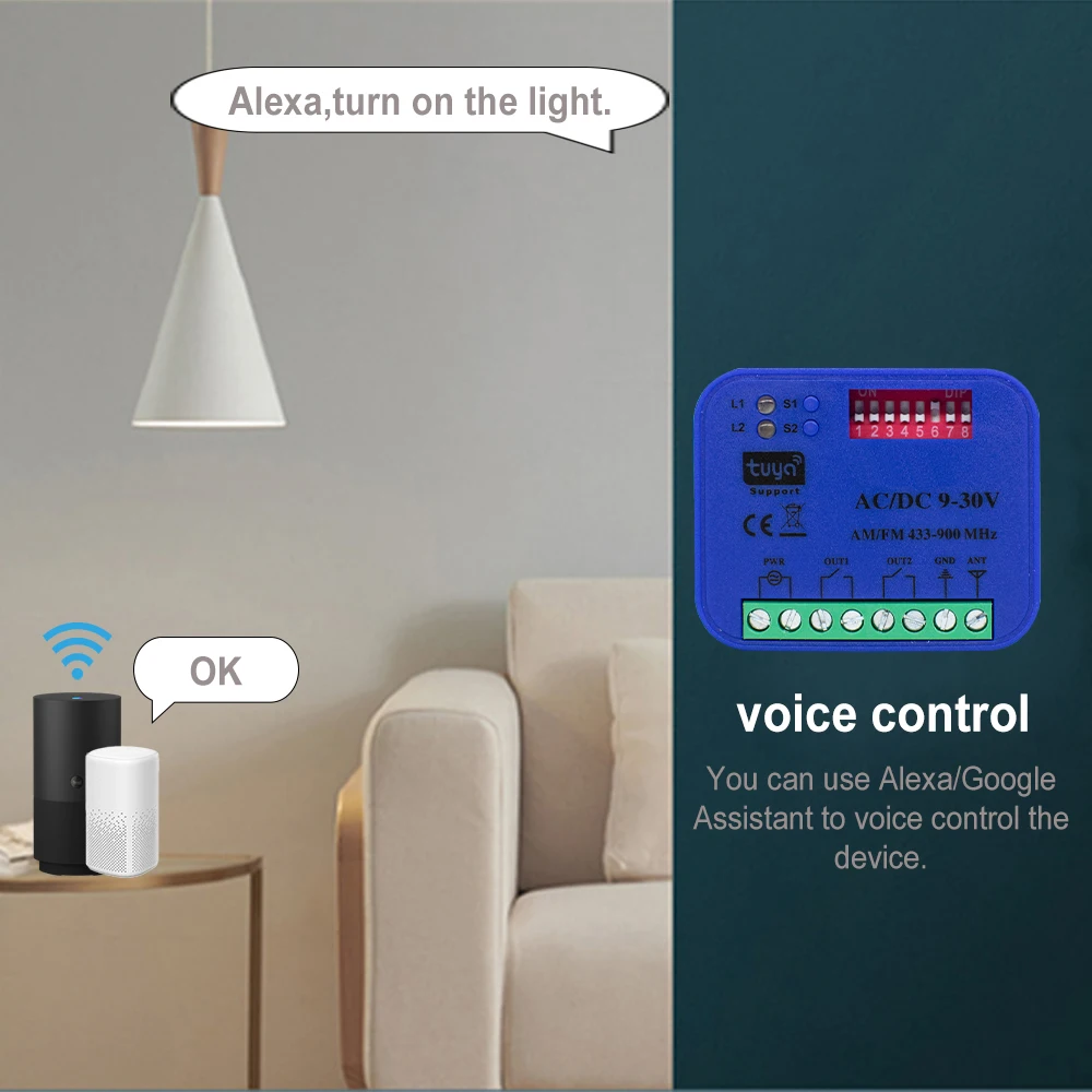 2CH Tuya WiFi ユニバーサルガレージドアリモコン受信機 433MHz 868MHz スイッチ DC AC 9-30V 85-250V スマートライフ Alexa